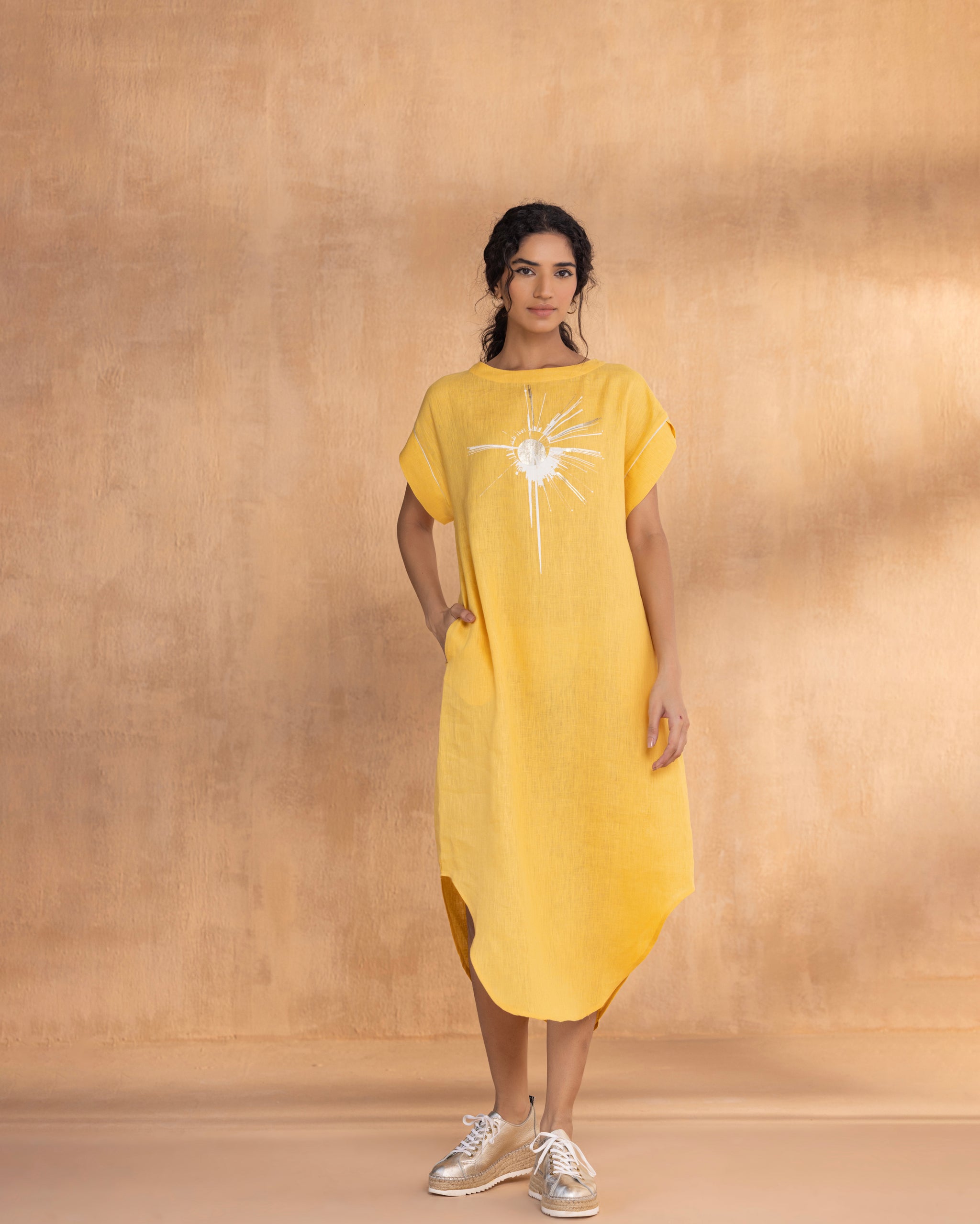 kaveri linen dresses Kaveri Designer Linen Off White Hand Printed & Embroidered Dress Off White / XL / Dress