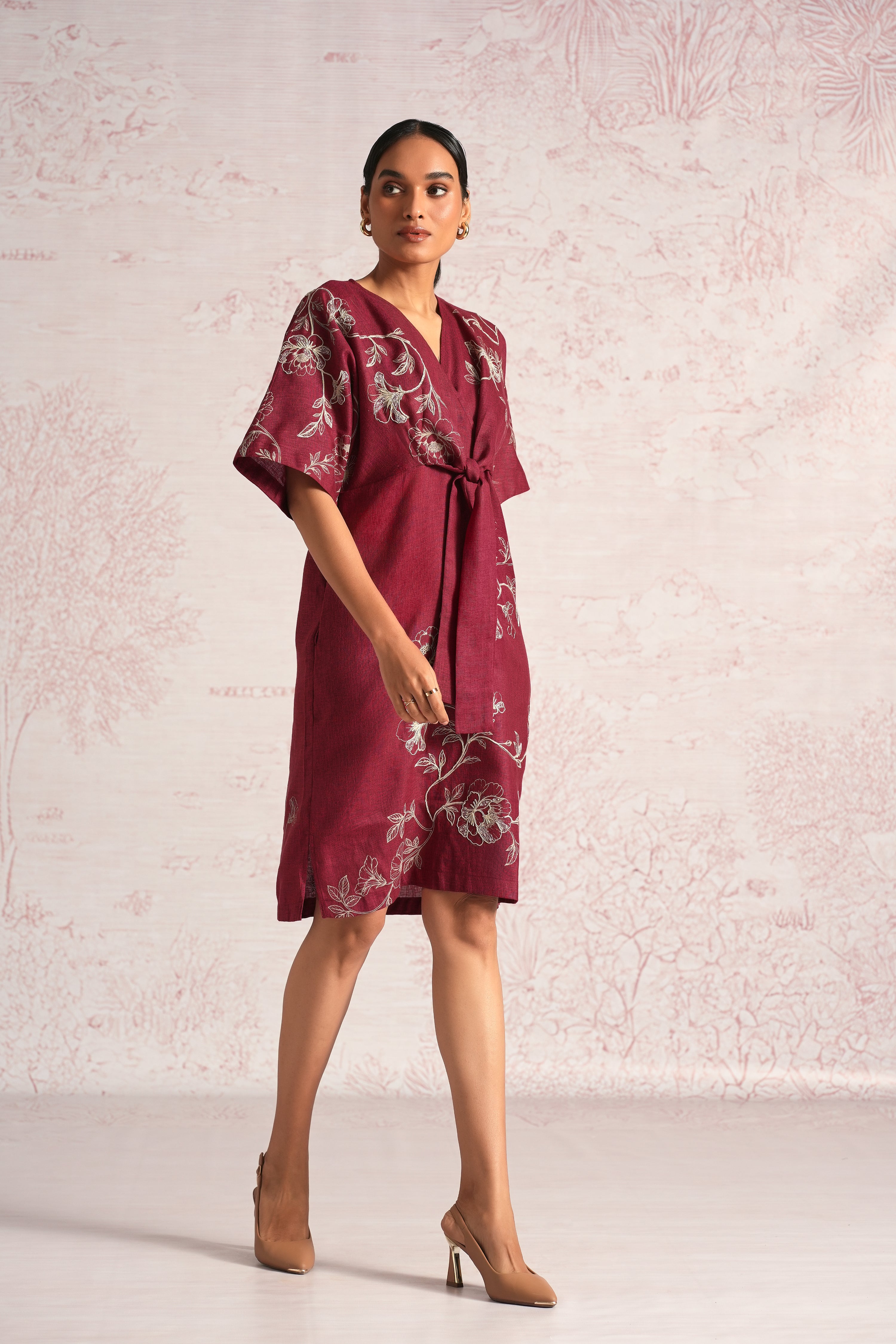 kaveri linen dresses Kaveri Designer Linen Light Green Applique & Embroidered Wrap Dress Bonny / L / Dress