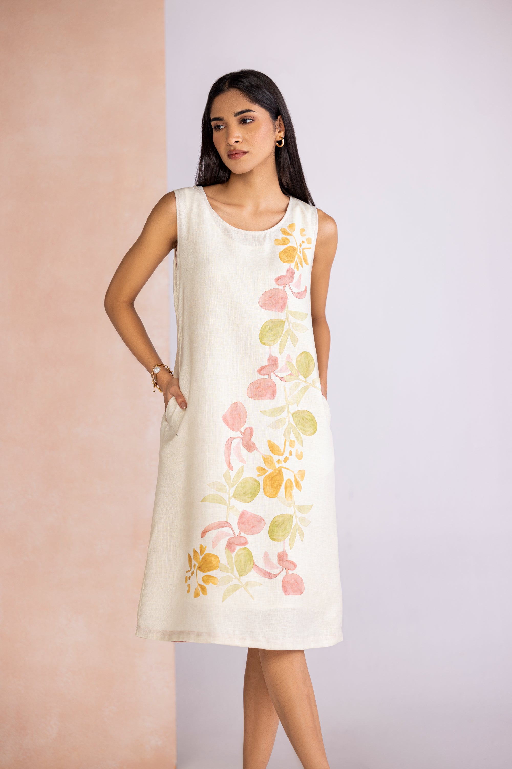 kaveri linen dresses Kaveri Designer Linen White Appliqu Knee Length Dress Off White / XXL / Dress