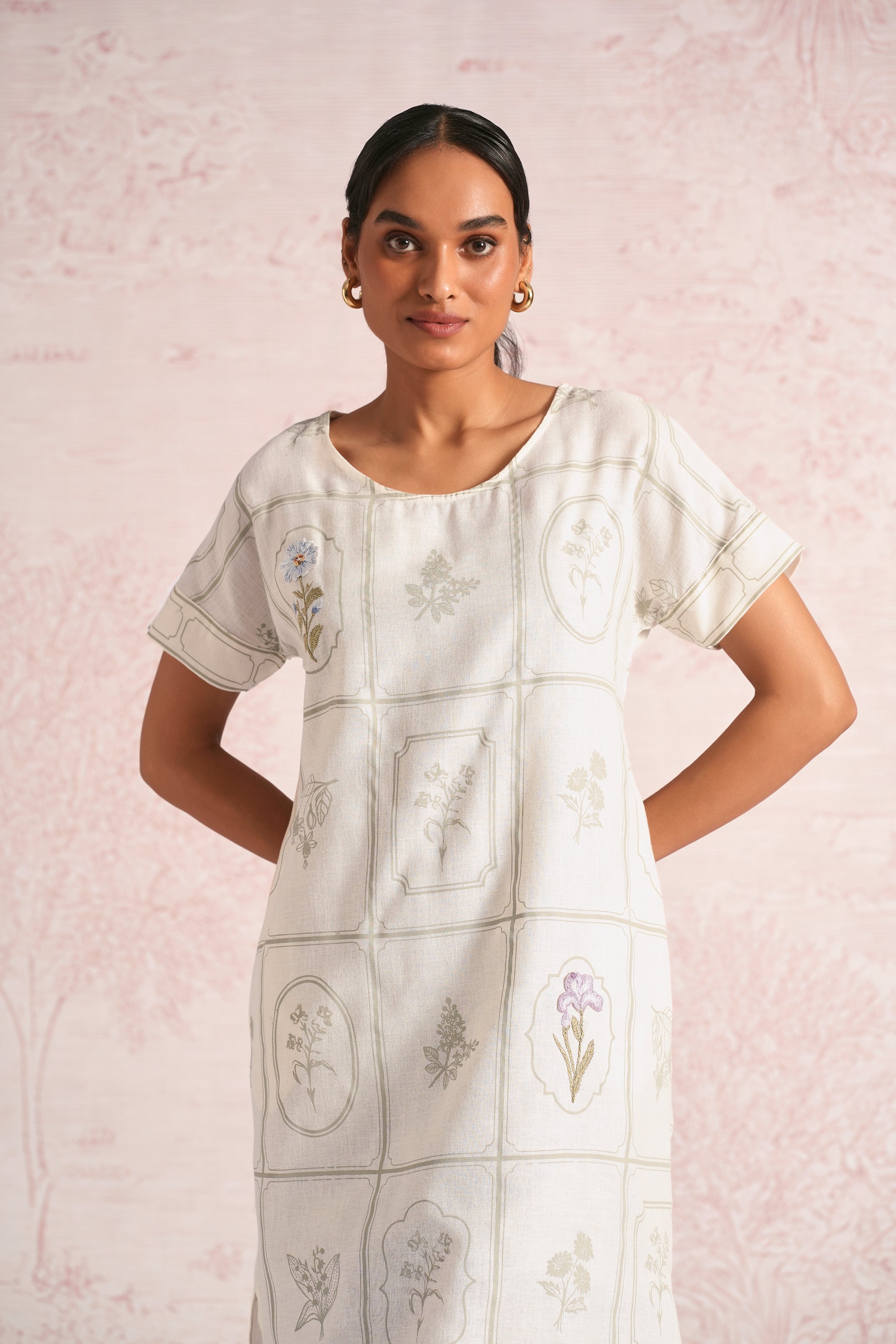Kaveri Designer Linen Off White Hand Printed & Embroidered Dress