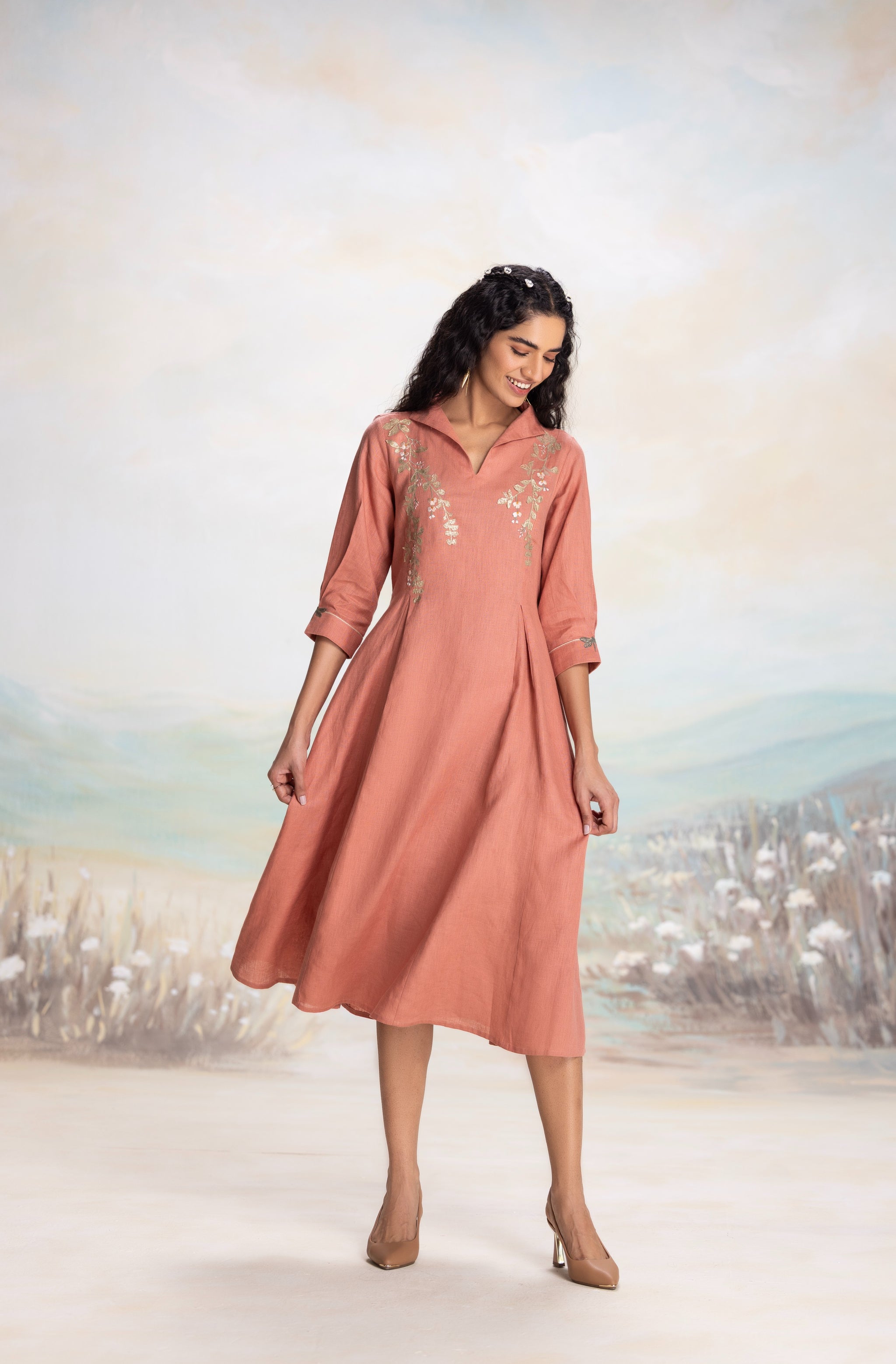 Gold leaf applique embroidered dress by Kaveri – KAVERi