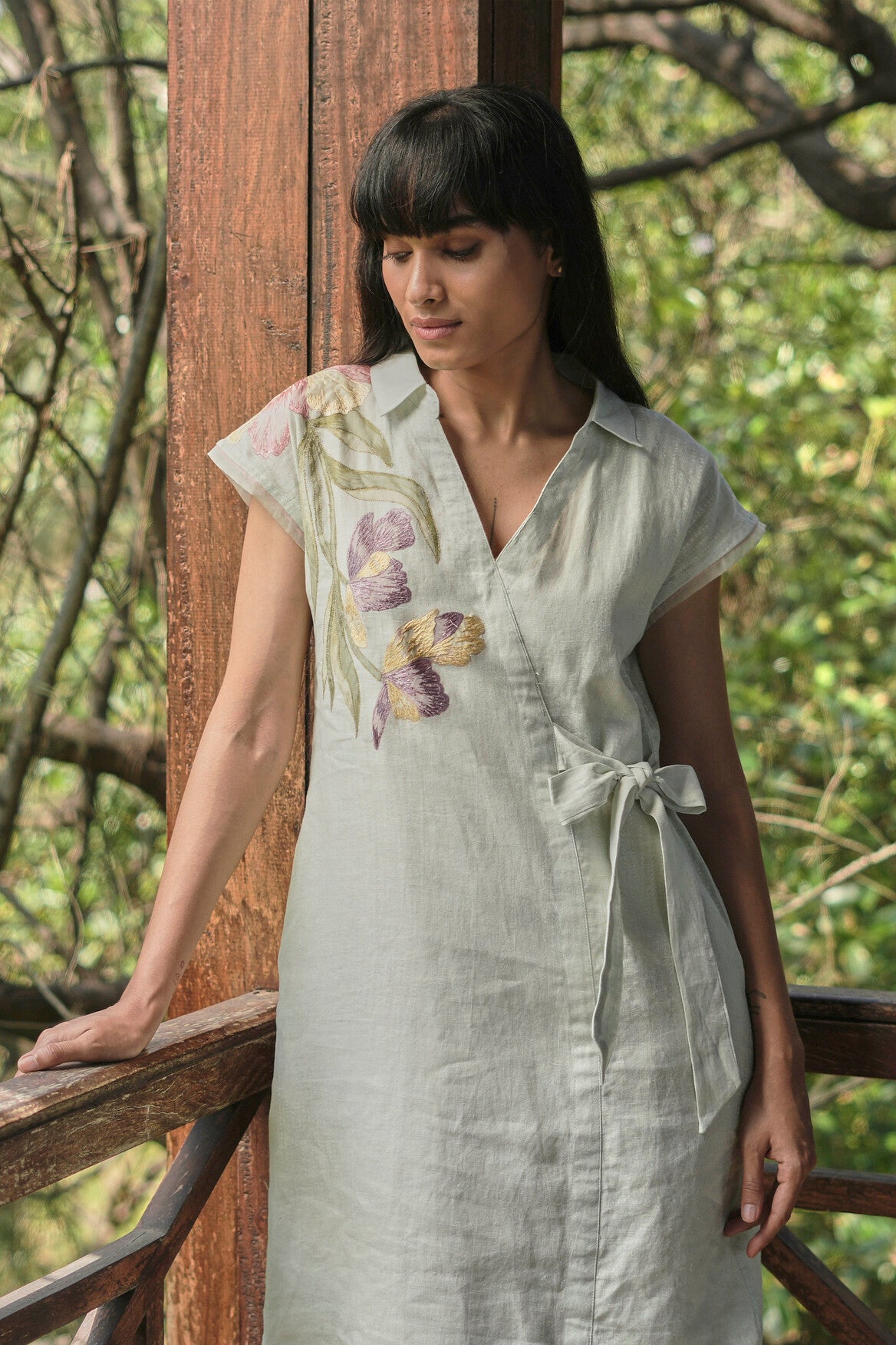 Kaveri Designer Linen Light Green Applique & Embroidered Wrap Dress – KAVERi