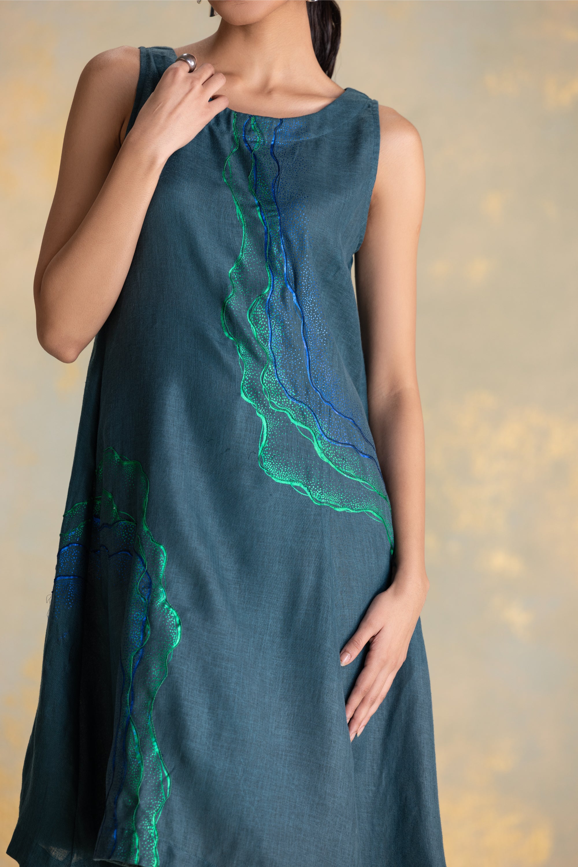 Designer Linen Blend Asymmetrical Dress with Dual Tone Foil & Embroidery By Kaveri KAVERi Designer Linen Blend Asymmetrical Dress with Dual Tone Foil & Embroidery By Kaveri KAVERi