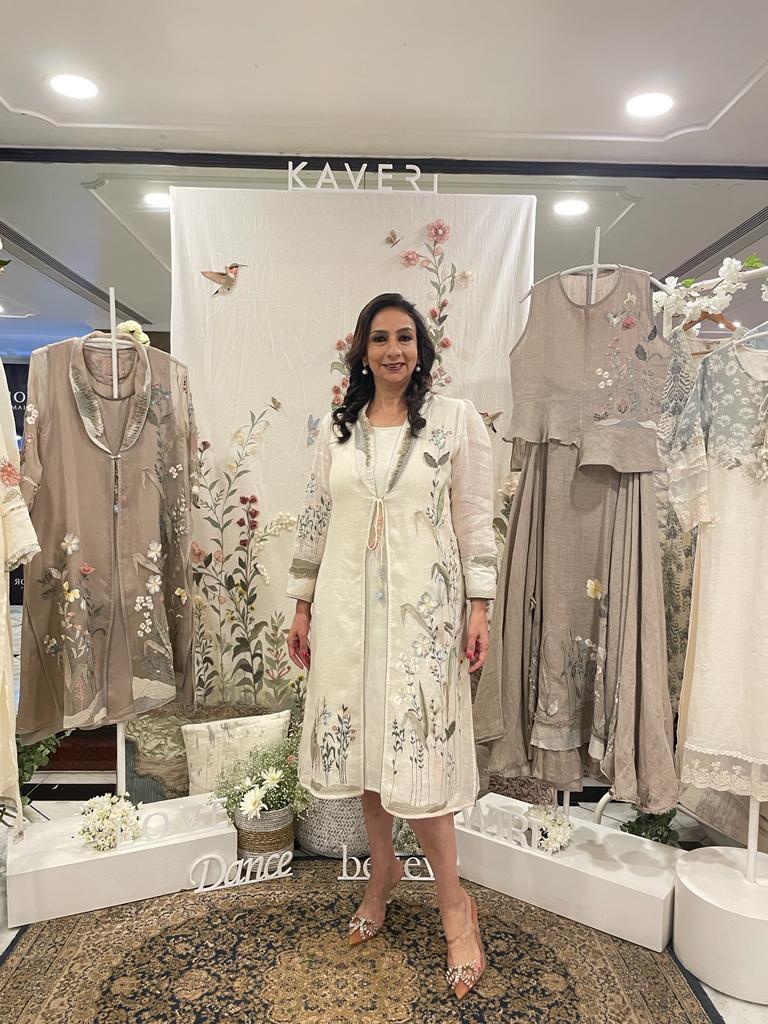 kaveri linen dresses Kaveri Designer Linen Beige Embroidered Knee Length Dress KAVERi