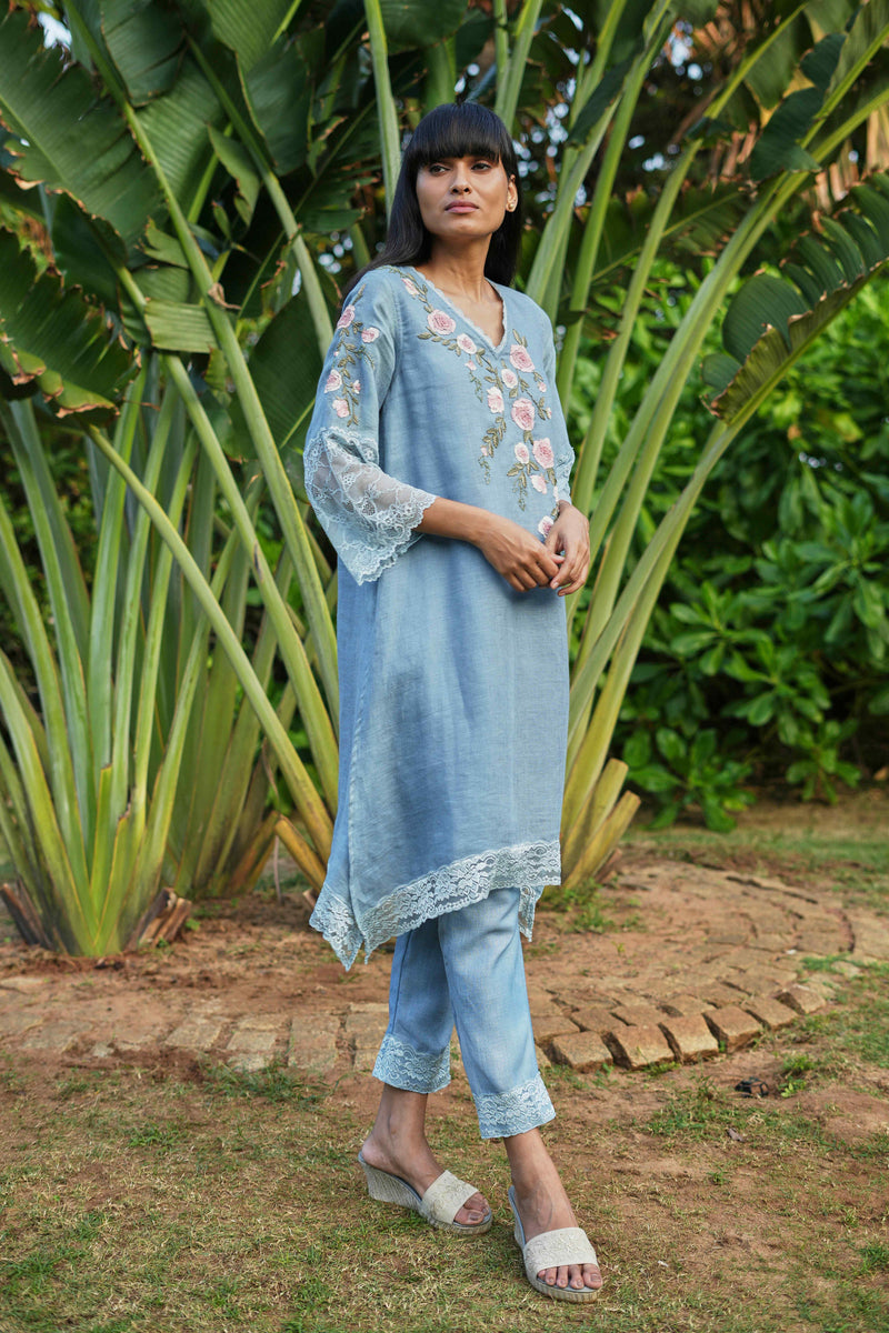 Kaveri Designer Linen Light Blue Embroidered Tunic Set – KAVERi