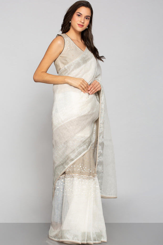 Rubix Saree Natural + Off- White-Sarees-KAVERi